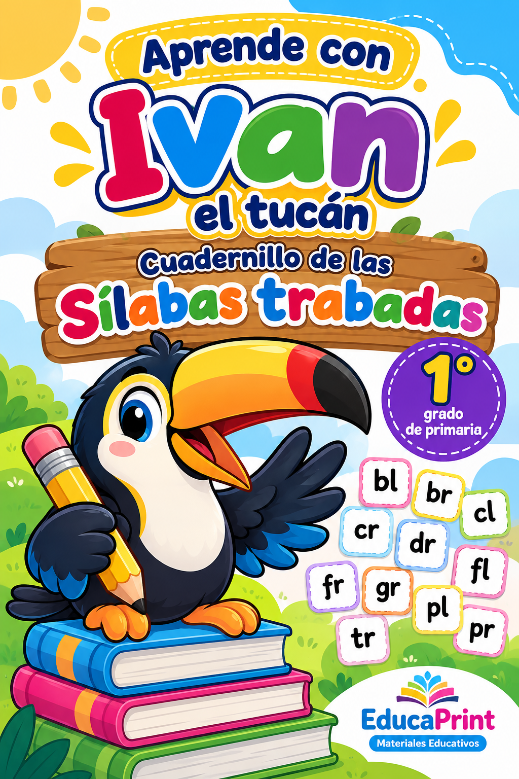 Portada de Aprende con Iván el tucán: Cuadernillo de las sílabas trabadas para 1.º de primaria